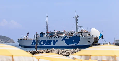 Ferry Moby Giraglia de la compagnie maritime Moby Lines aux couleurs de la baleine Moby Lines bleue avec comme inscription de l’autre côté du bateau « Santa Teresa Bonifacio »